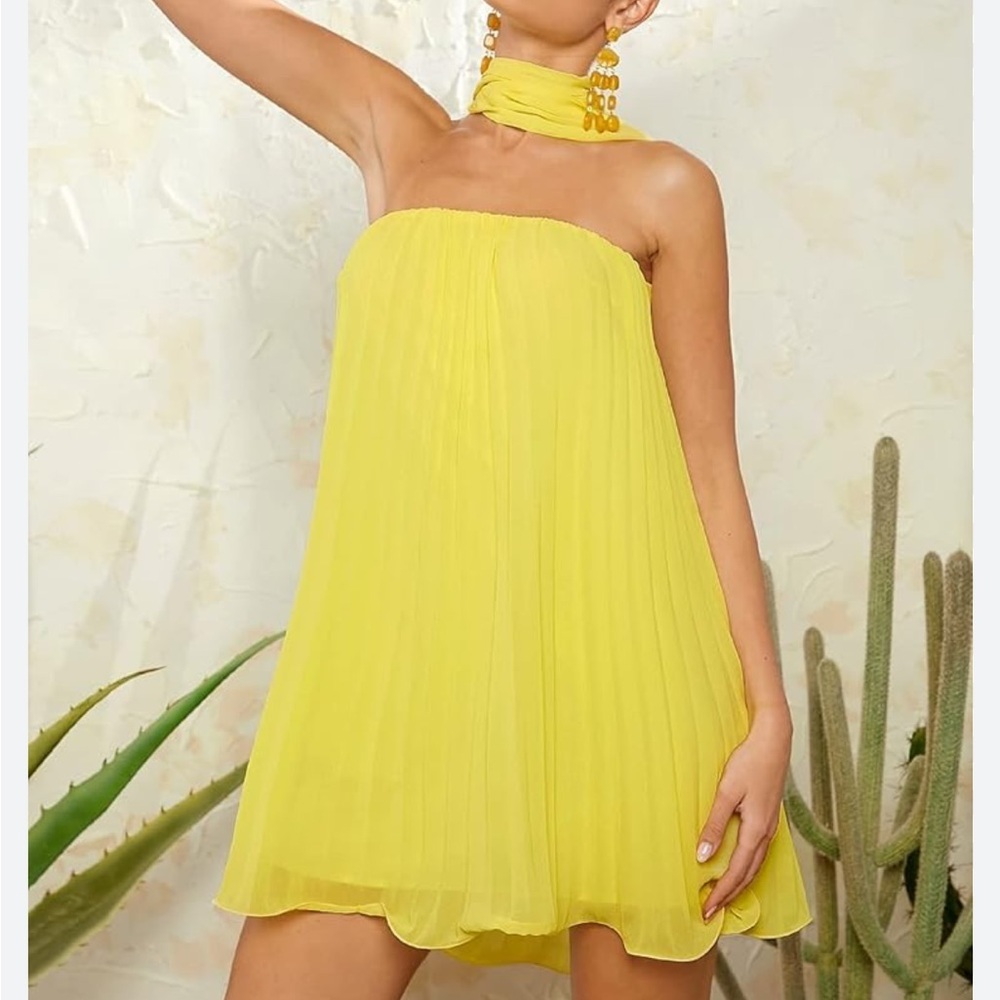 Yellow Strapless Mini Dress with Scarf